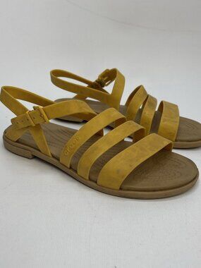 Crocs Tulum Sandals Sz 7 Canary Yellow Strappy Ankle Buckle Flat Comfort Casual